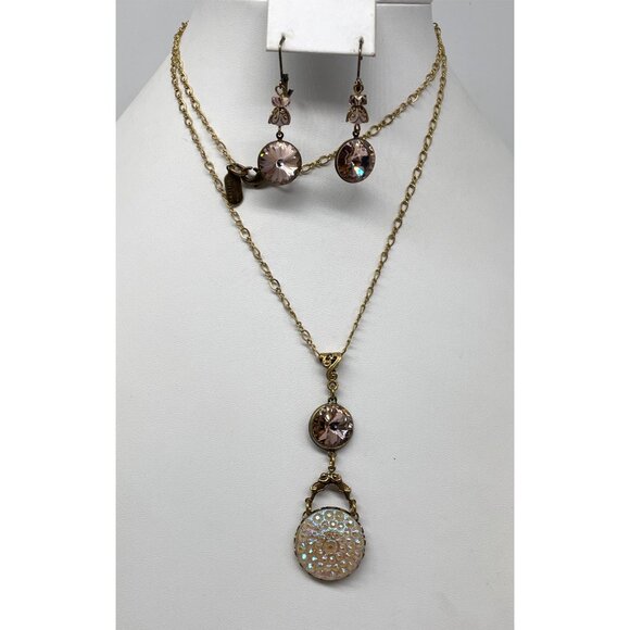 Grandmothers Buttons Rivoli Necklace & Earrings Set Gold-Tone & Pink & Iridescen - Picture 1 of 8